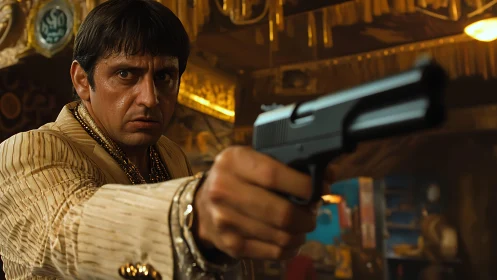 Tense gunman holds a pistol forward in a dim, moody room