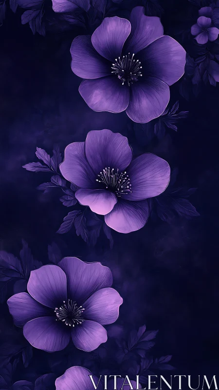 Purple Anemone Flowers Against Dark Background in Digital Illustration