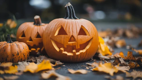 Grinning jack o’lantern trio glows amid crisp autumn leaves.