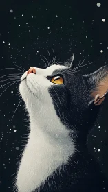 Bilateral cat head with golden iris gazing upward against dark starfield