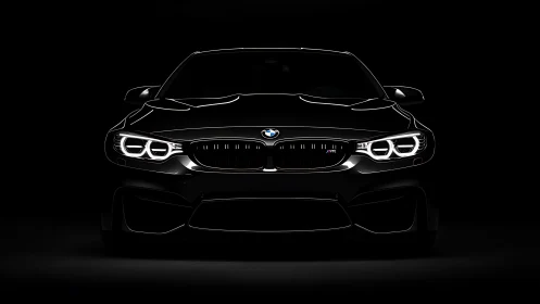 Sleek sports car front glows with dramatic studio lighting