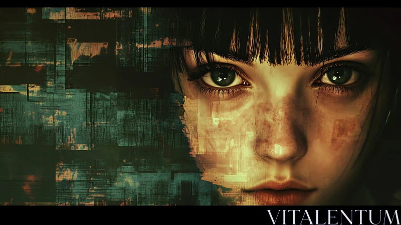 Digital portrait of girl with freckled face and green eyes.