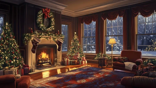 Warm interior Christmas scene with fireplace, trees, and snow-lit windows