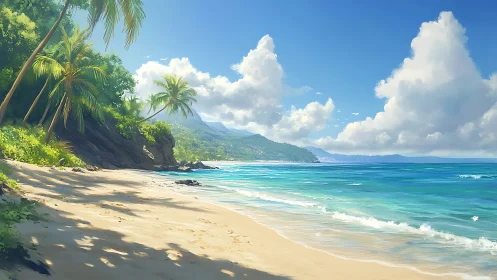 Tropical Paradise Beach with Lush Palms and Turquoise Waves