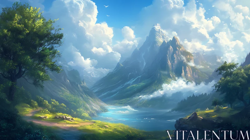 Epic alpine valley lake under towering sunlit mountain peaks