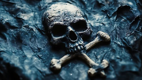 Weathered skull and crossbones carved in dark textured tar.