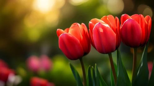 Red Tulips in Sunlight with Blurred Green Background