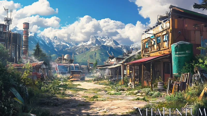 Mountain village road passes between industrial shacks