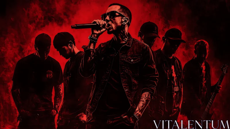 Rock vocalist leads silhouetted band against red smoke