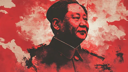 Portrait of political leader rendered in bold red tones
