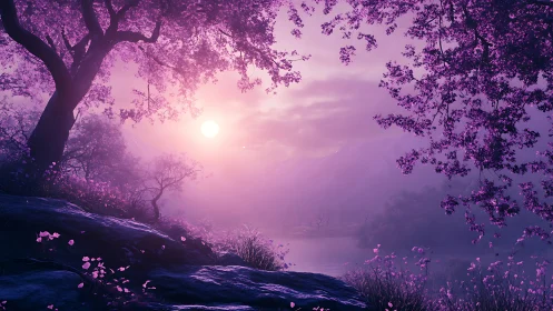 Dreamy violet forest welcomes a gentle sunrise over water