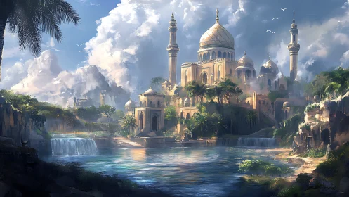 Golden riverside palace amid cliffs and clouded sky.