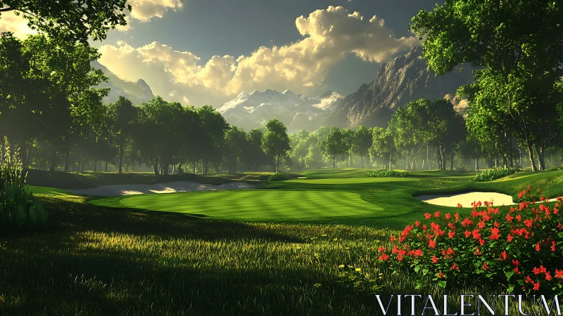 Sunlit mountain golf green with sculpted bunkers and flora.