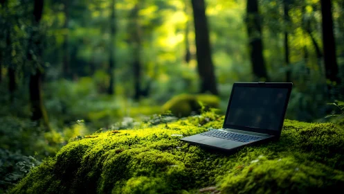 Laptop on mossy log in lush green forest clearing.