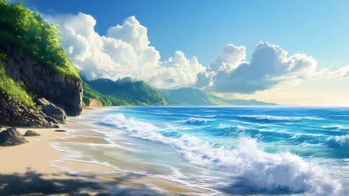 Sunlit tropical shoreline with rolling turquoise surf and clouds.