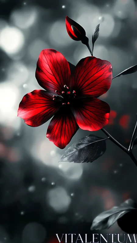 Crimson nightbloom poised against silver dream bokeh.