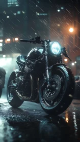 Custom cafe racer motorcycle stands in wet city street rain