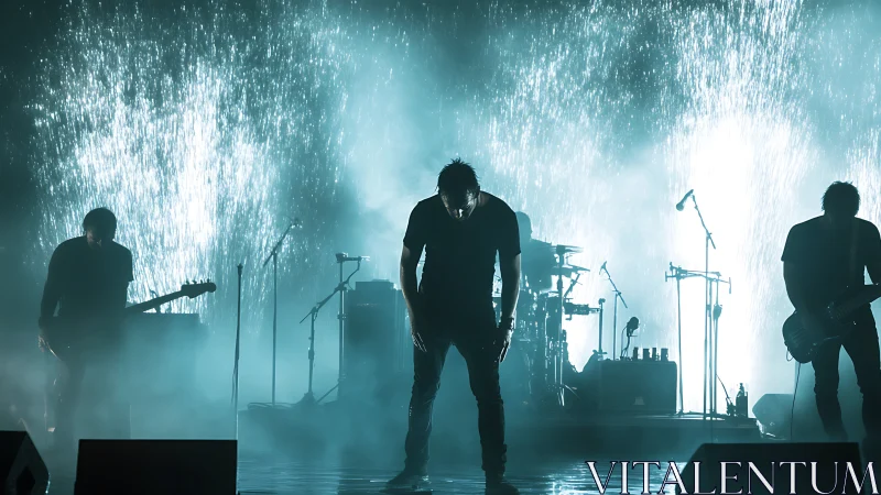 Silhouetted rock band performing on stage with backlights.