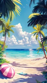 Tropical Beach Paradise with Palm Trees and Umbrella.