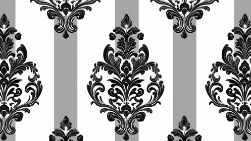 Vertical striped layout organizes mirrored black damask motifs