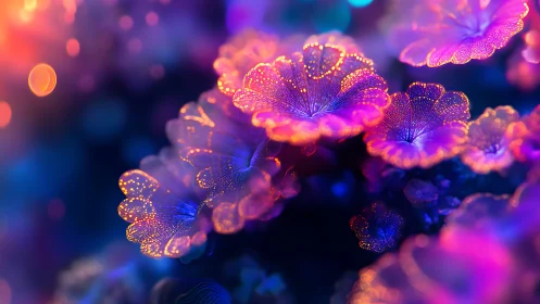 Bioluminescent petals glow with neon bokeh accents.