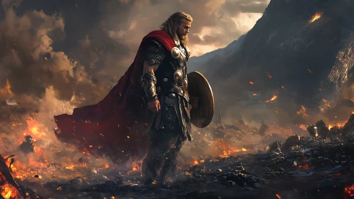 Storm-lit warrior strides through a fiery battlefield in thought