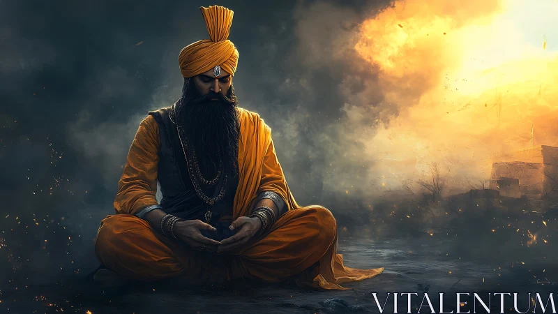 Meditating warrior saint in ember-lit battlefield environment