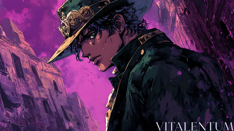 Stoic wanderer tilts his brim beneath a neon violet sky