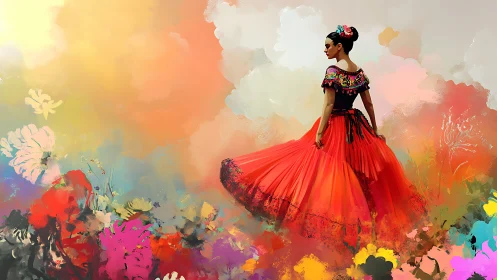 Mexican folkloric dancer in vivid abstract floral field.