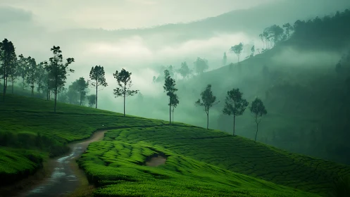Misty green hills welcome a gentle path through the tea valley