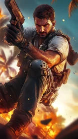 Armed tactical operative crouches amid cinematic explosion