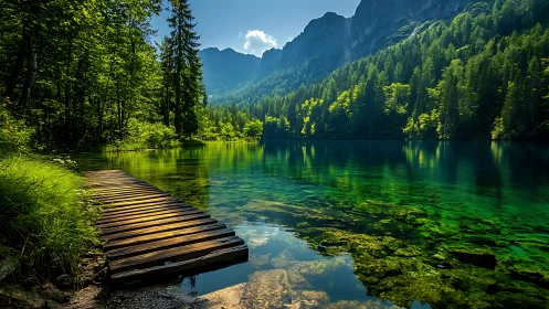 Peaceful forest lake with sunlit dock and clear green water.