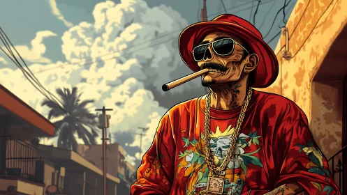 Urban skeletal kingpin in red bucket hat and floral streetwear