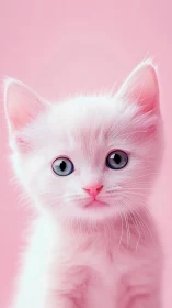 White Kitten with Blue Eyes on Pink Background