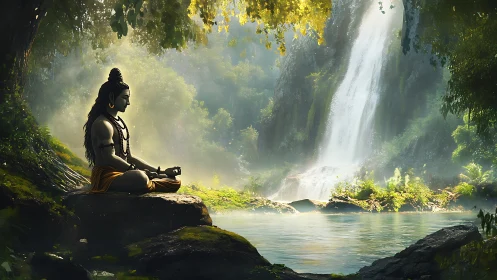 Meditating deity by misty waterfall in emerald forest sanctuary.