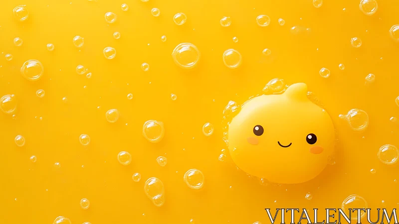 Cheerful yellow blob character floating in bubbly sunshine.
