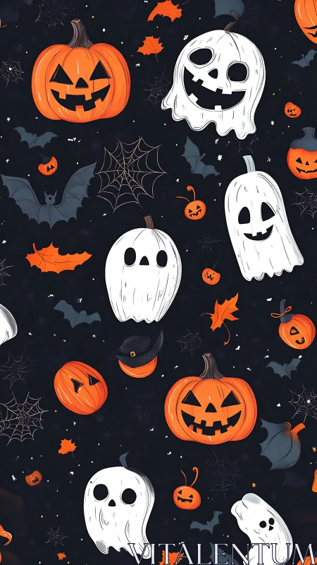 Digital Halloween ghost and pumpkin seamless pattern design.