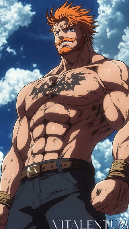 Muscular redheaded warrior under dynamic sky lighting.