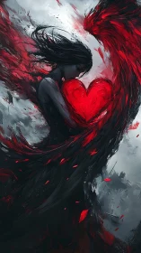 Dark surreal woman embracing blazing red heart storm.