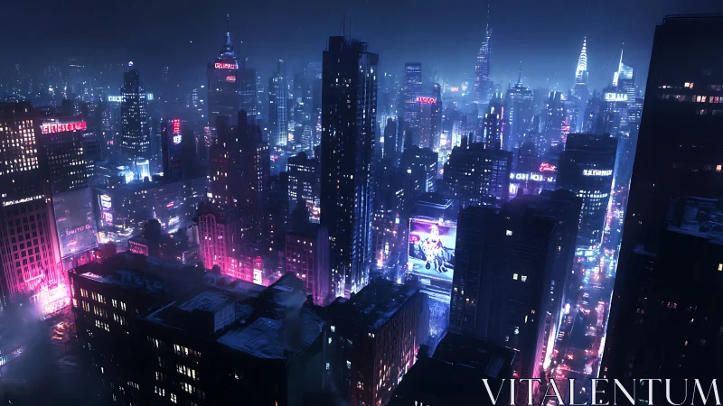 Neon drenched rainy megacity skyline in nocturnal blue glow.