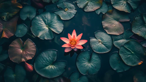 A Radiant Pink Water Lily Blooms Among Serene Green Pads