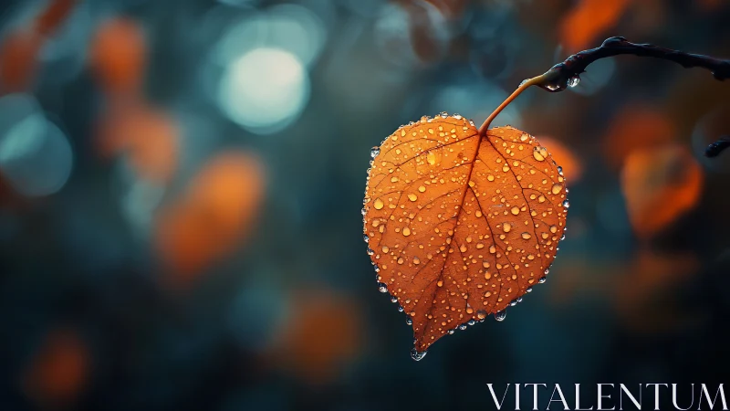 Dewy autumn leaf glowing quietly in soft morning light.
