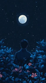 Solitary figure observes full moon above glowing night garden