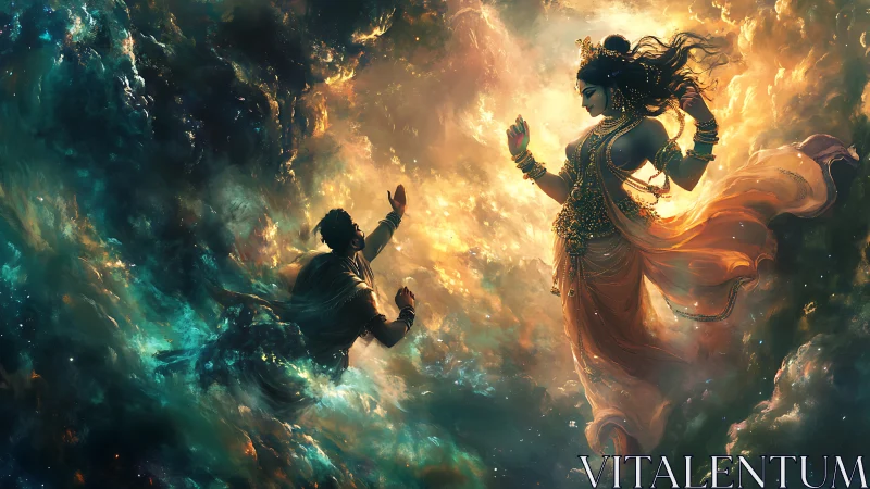 Divine goddess emerging from nebula as mortal ascends.