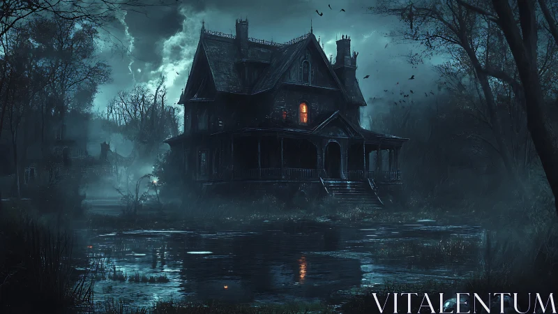Lonely haunted house glowing softly beside a misty swamp.
