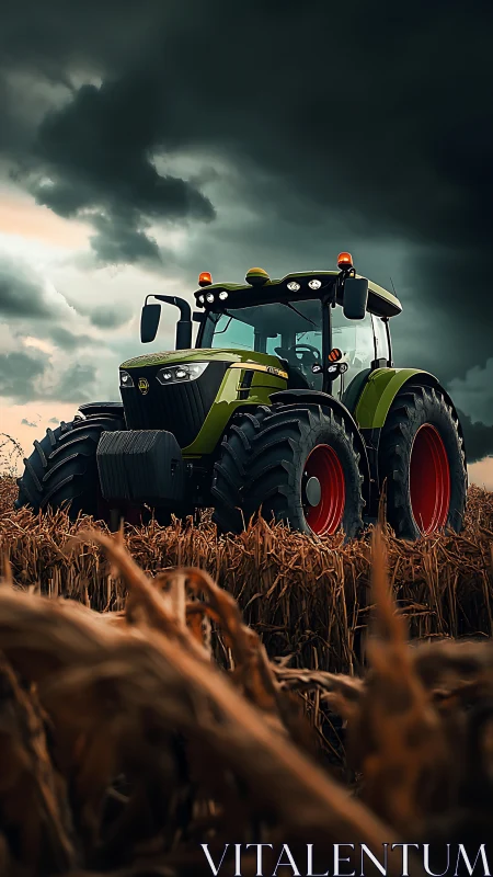 Mighty green tractor waits patiently beneath stormy farm skies