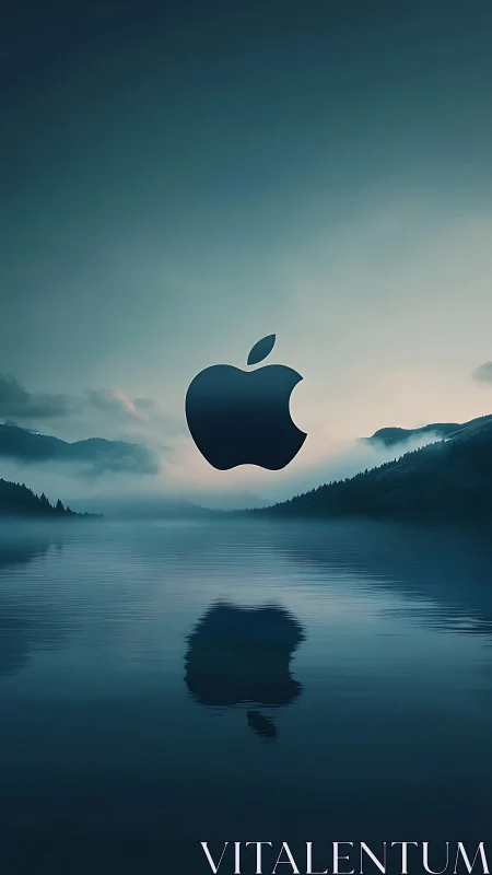 Minimal logo over misty lake with reflective symmetry.