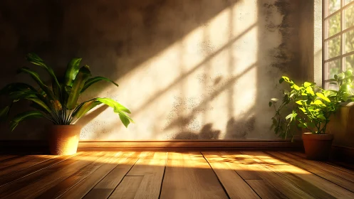 Sunlit indoor plants cast soft shadows on textured wall