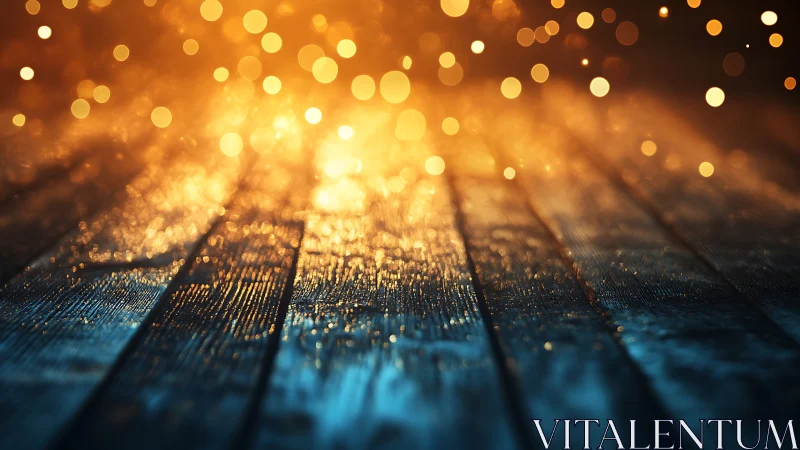Defocused warm bokeh lights fall over wet wooden planks