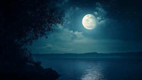 Full moon reflects over tranquil midnight lakeshore